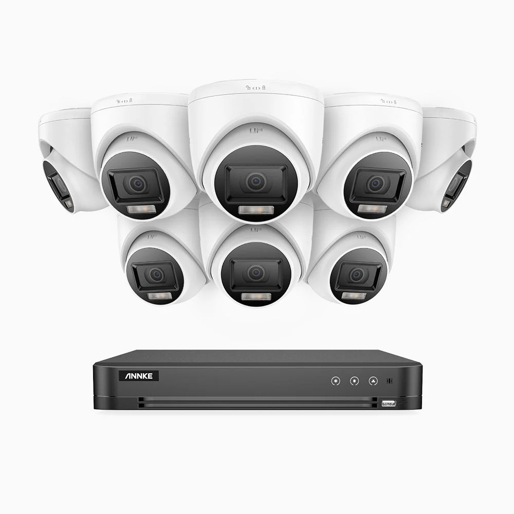 ADLK800 - Kit videosorveglianza analogica 16 canali con 8 telecamere 4K, Visione notturna a doppia luce, 3840x2160@20fps, apertura superiore f/1.6, segnale di uscita 4-in-1, IP67