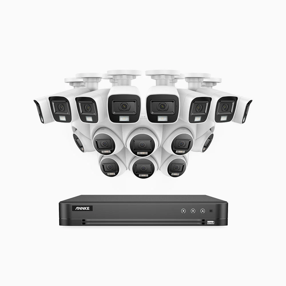 ADLK800 - Kit videosorveglianza analogica 16 canali 4K, 8 telecamera bullet e 8 telecamera turret, Visione notturna a doppia luce, 3840x2160@20fps, apertura superiore f/1.6, segnale di uscita 4-in-1, IP67