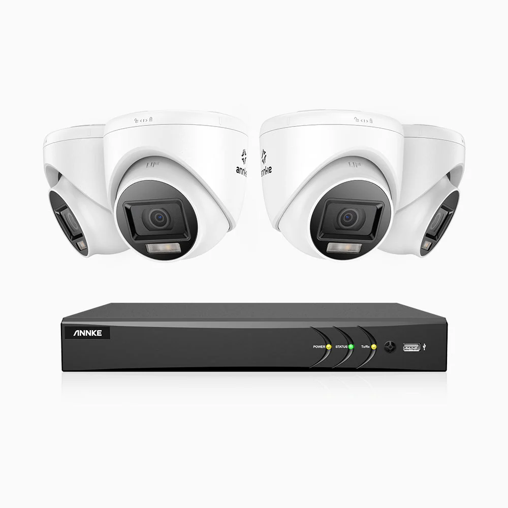 ADLK800 - Kit videosorveglianza analogica 8 canali con 4 telecamere 4K, Visione notturna a doppia luce, 3840x2160@20fps, apertura superiore f/1.6, segnale di uscita 4-in-1, IP67
