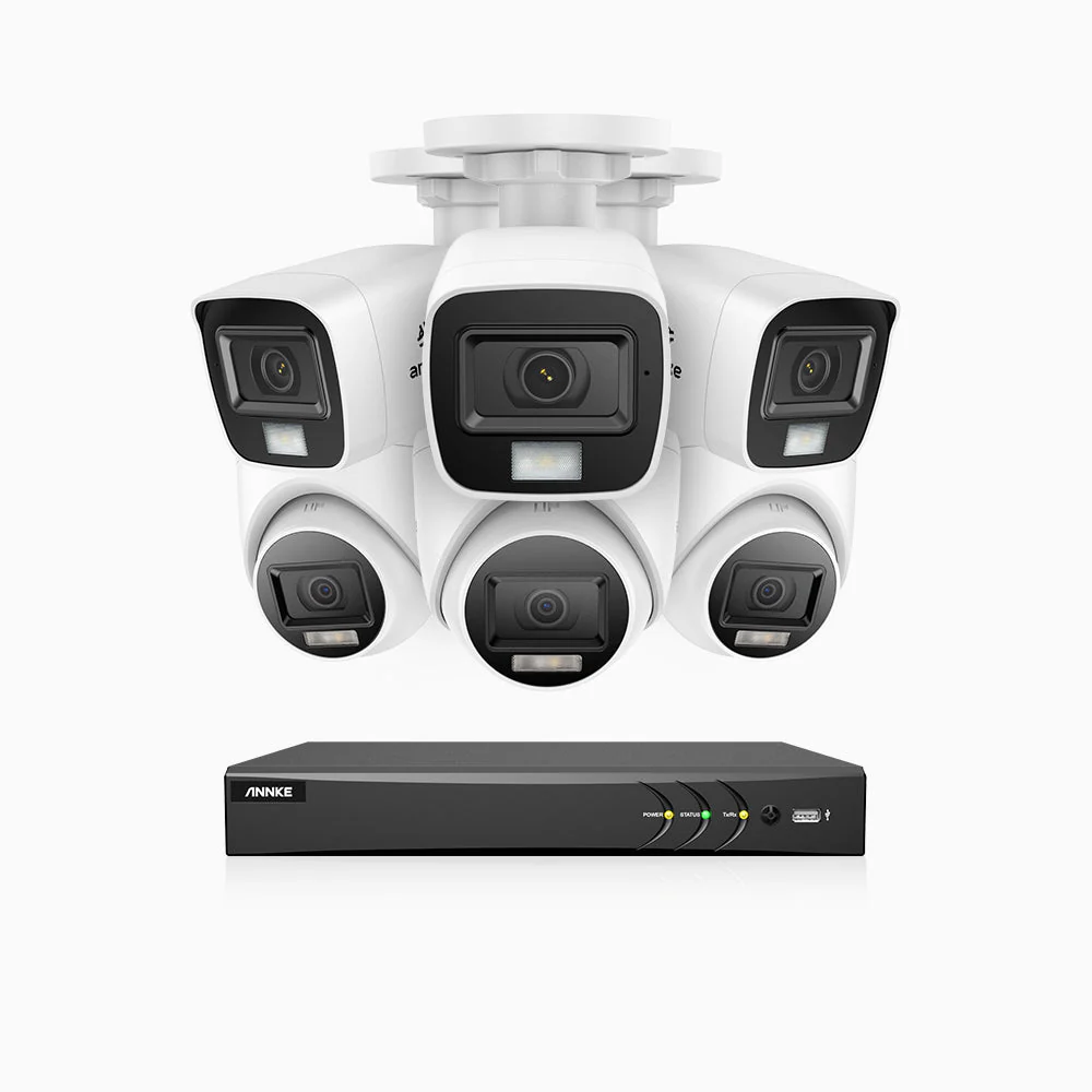 ADLK800 - Kit videosorveglianza analogica 8 canali 4K, 3 telecamera bullet e 3 telecamera turret, Visione notturna a doppia luce, 3840x2160@20fps, apertura superiore f/1.6, segnale di uscita 4-in-1, IP67