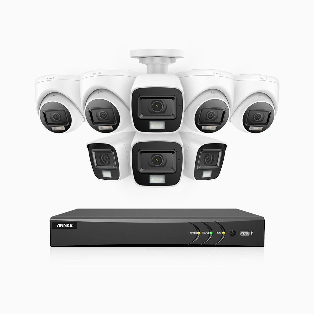 ADLK800 - Kit videosorveglianza analogica 8 canali 4K, 4 telecamera bullet e 4 telecamera turret, Visione notturna a doppia luce, 3840x2160@20fps, apertura superiore f/1.6, segnale di uscita 4-in-1, IP67