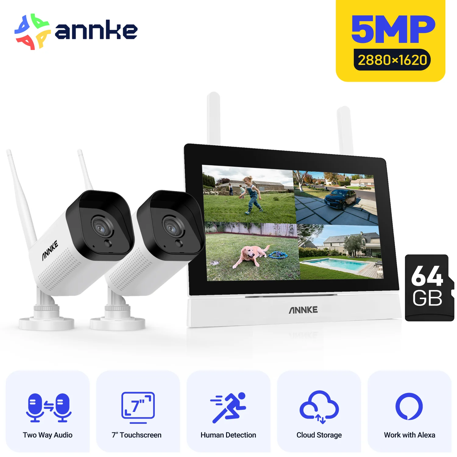 ANNKE 5MP Kit Videosorveglianza WiFi Esterno con 7" Tattile Monitor, 4CH 5MP NVR con 64GB SD Carta e 2 Telecamere IP 5MP Esterni, Vision Nocturne 100ft, Audio Bidirezionale, Rilevamento del Movimento