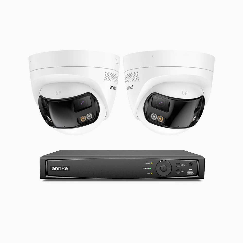 FDH600 - Kit videosorveglianza PoE 8 canali con 2 doppia lente telecamere 6MPX, ultra grandangolo 180°, visione notturna intelligente a doppia luce, audio bidirezionale, sirena e allarme attivi, rilevamento persone e veicoli, IP67 - Image 2