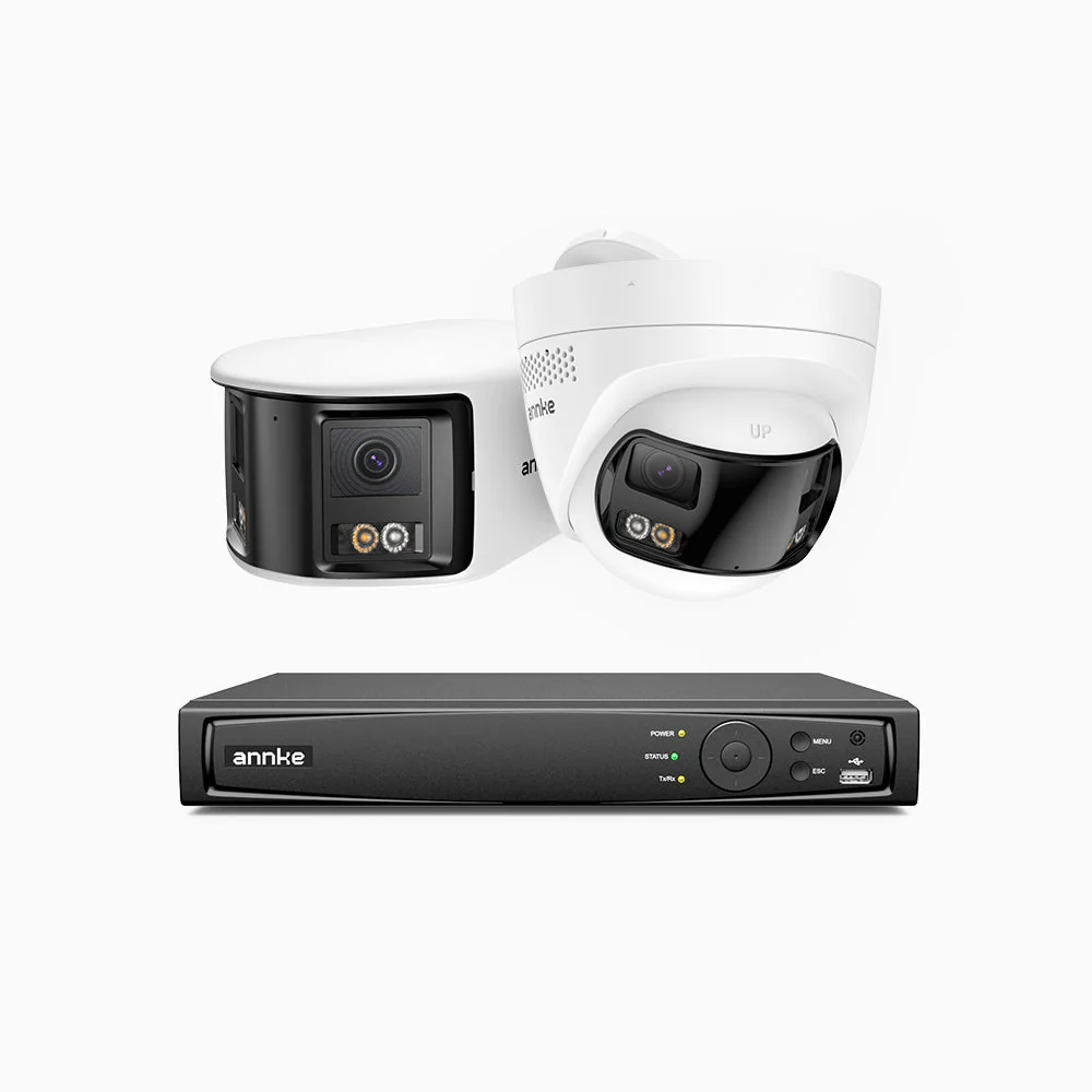 FDH800 - Kit videosorveglianza PoE doppia lente 8 canali 4K, 1 telecamere bullet e 1 telecamere, vista panoramica a 180°, visione notturna intelligente a doppia luce, audio bidirezionale, sirena e allarme attivi, rilevamento persone e veicoli, IP67