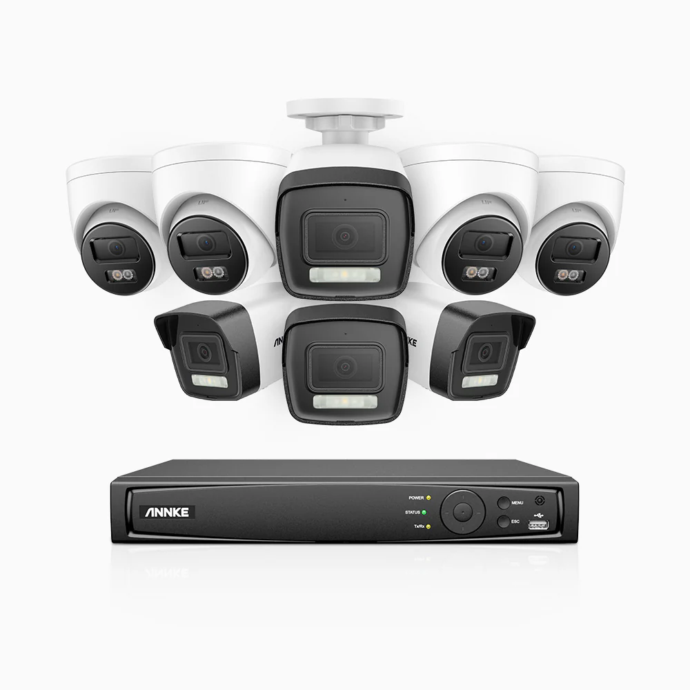 H500P - Kit videosorveglianza PoE 16 canali 3K, 4 telecamera bullet e 4 telecamera turret, visione notturna a colori e IR, risoluzione 3072*1728, apertura f/1.6 (0.005 lux), rilevamento umano e veicoli, microfono integrato, IP67