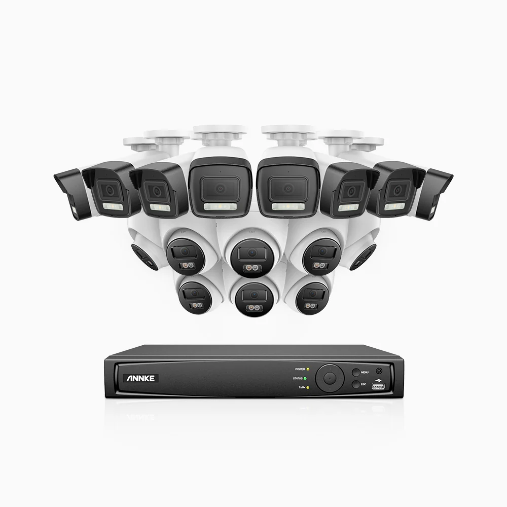 H500P - Kit videosorveglianza PoE 16 canali 3K, 8 telecamera bullet e 8 telecamera turret, visione notturna a colori e IR, risoluzione 3072*1728, apertura f/1.6 (0.005 lux), rilevamento umano e veicoli, microfono integrato, IP67