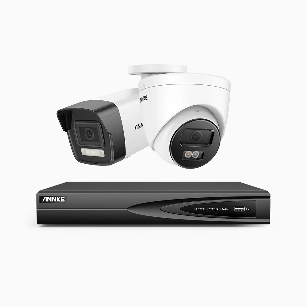 H500P - Kit videosorveglianza PoE 4 canali 3K, 1 telecamera bullet e 1 telecamera turret, visione notturna a colori e IR, risoluzione 3072*1728, apertura f/1.6 (0.005 lux), rilevamento umano e veicoli, microfono integrato, IP67