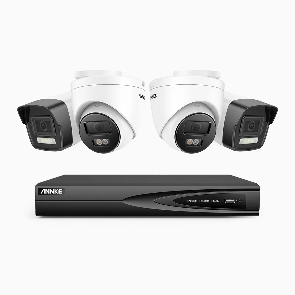 H500P - Kit videosorveglianza PoE 4 canali 3K, 2 telecamera bullet e 2 telecamera turret, visione notturna a colori e IR, risoluzione 3072*1728, apertura f/1.6 (0.005 lux), rilevamento umano e veicoli, microfono integrato, IP67