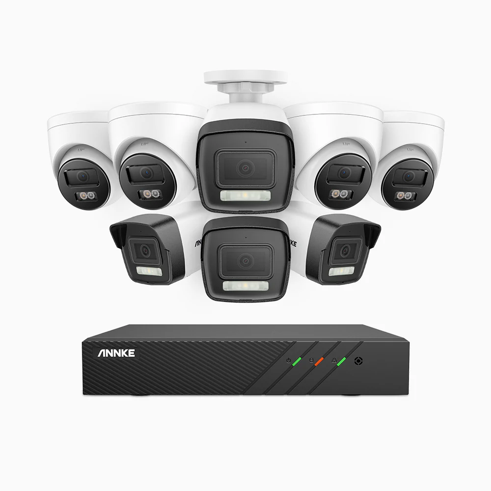 H500P - Kit videosorveglianza PoE 8 canali 3K, 4 telecamera bullet e 4 telecamera turret, visione notturna a colori e IR, risoluzione 3072*1728, apertura f/1.6 (0.005 lux), rilevamento umano e veicoli, microfono integrato, IP67