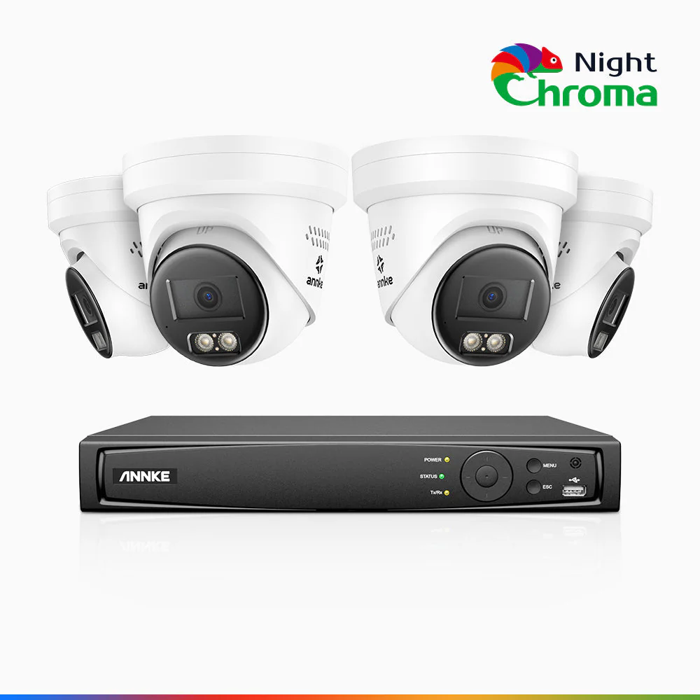 NightChroma<sup>TM</sup> NBRK800 - Kit videosorveglianza PoE 8 canali con 4 telecamere 4K, Esterno con Luci Rosse e Blu Lampeggianti & Sirena, 3840*2160@25 fps, Acme Color & Visione Notturna IR, Rilevamento di Persone & Veicoli, Audio Bidirezionale, IP67