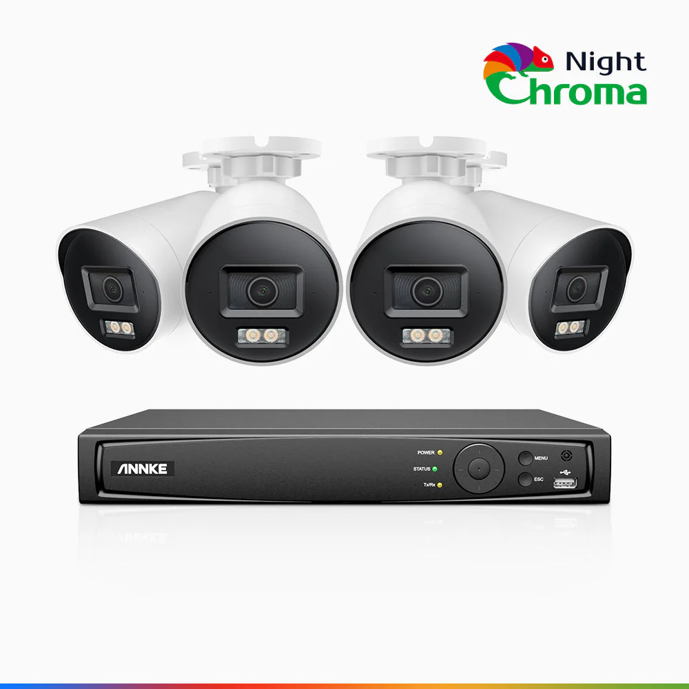 NightChroma<sup>TM</sup> NBRK800 - Kit videosorveglianza PoE 8 canali con 4 telecamere 4K, Esterno con Luci Rosse e Blu Lampeggianti & Sirena, 3840*2160@25 fps, Acme Color & Visione Notturna IR, Rilevamento di Persone & Veicoli, Audio Bidirezionale, IP67 - Image 2