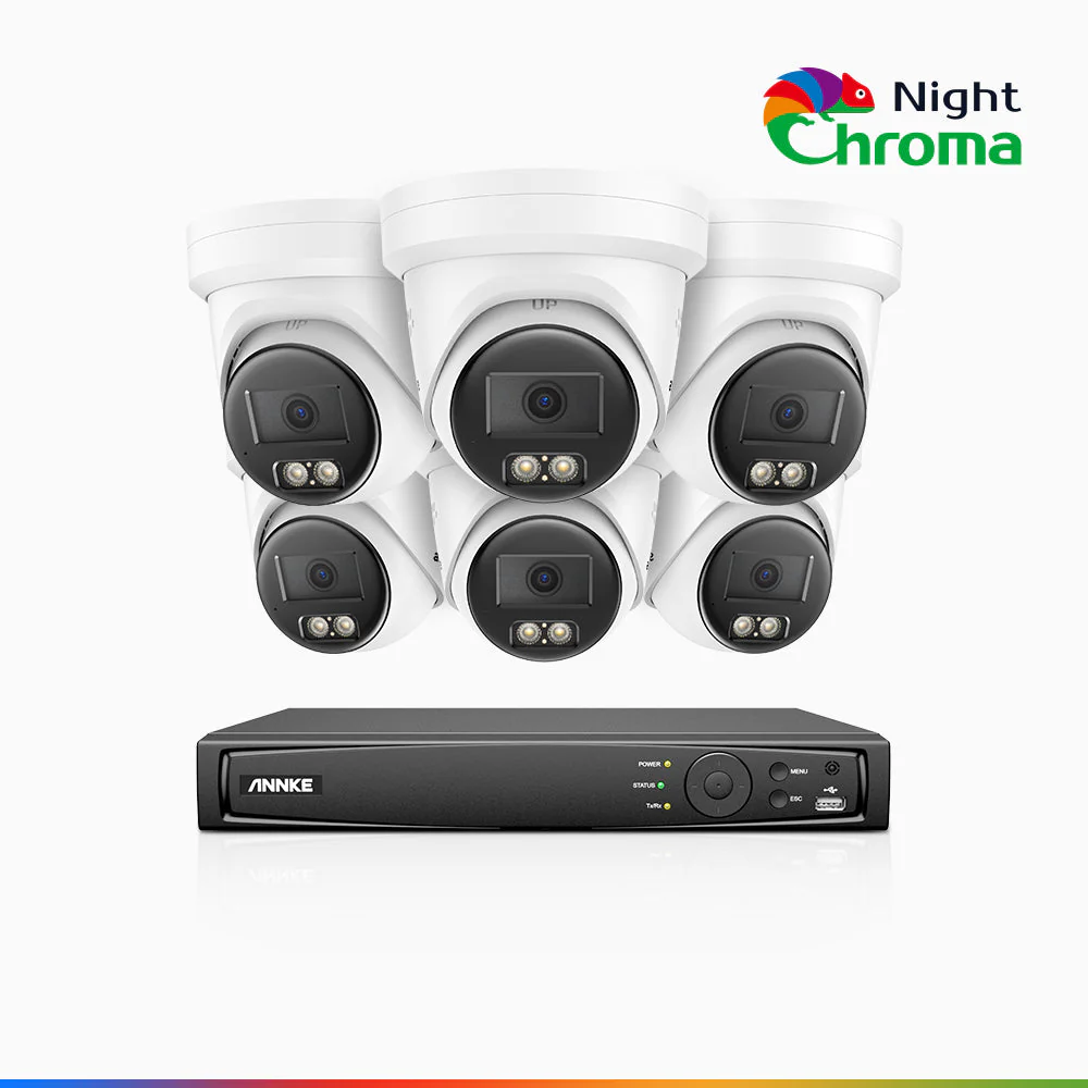 NightChroma<sup>TM</sup> NBRK800 - Kit videosorveglianza PoE 8 canali con 6 telecamere 4K, Esterno con Luci Rosse e Blu Lampeggianti & Sirena, 3840*2160@25 fps, Acme Color & Visione Notturna IR, Rilevamento di Persone & Veicoli, Audio Bidirezionale, IP67