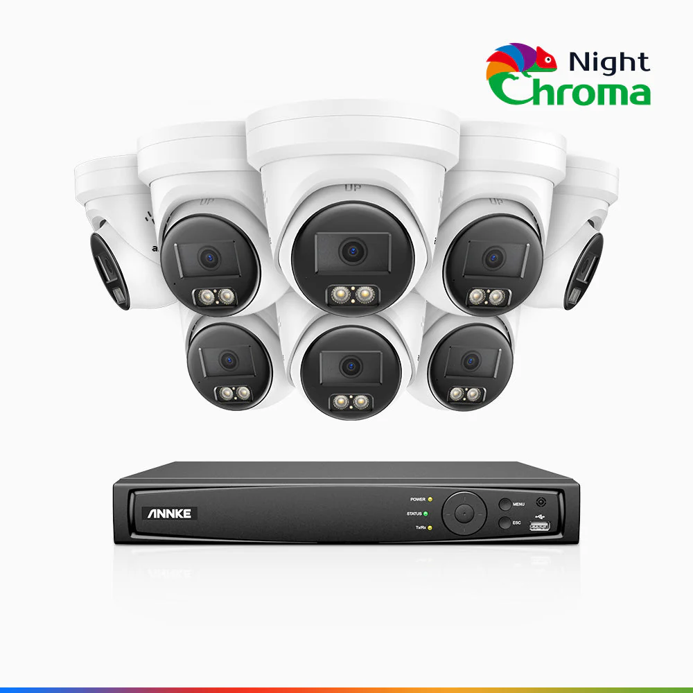 NightChroma<sup>TM</sup> NBRK800 - Kit videosorveglianza PoE 8 canali con 8 telecamere 4K, Esterno con Luci Rosse e Blu Lampeggianti & Sirena, 3840*2160@25 fps, Acme Color & Visione Notturna IR, Rilevamento di Persone & Veicoli, Audio Bidirezionale, IP67