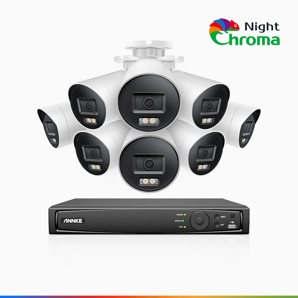 NightChroma<sup>TM</sup> NBRK800 - Kit videosorveglianza PoE 8 canali con 8 telecamere 4K, Esterno con Luci Rosse e Blu Lampeggianti & Sirena, 3840*2160@25 fps, Acme Color & Visione Notturna IR, Rilevamento di Persone & Veicoli, Audio Bidirezionale, IP67 - Image 2