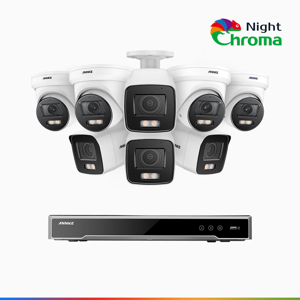 NightChroma<sup>TM</sup> NCK800 - Kit videosorveglianza PoE 16 canali 4K, 4 telecamere bullet e 4 telecamere turret, Telecamera di Sicurezza IP 4K UHD Visione Notturna Full Color con Straordinaria Apertura  f/1.0, Compatibile con Alexa (I91BQ)