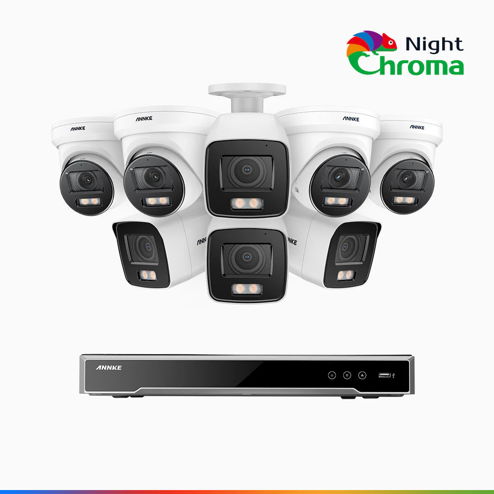 NightChroma<sup>TM</sup> NCK800 - Kit videosorveglianza PoE 8 canali 4K, 4 telecamere bullet e 4 telecamere turret, Telecamera di Sicurezza IP 4K UHD Visione Notturna Full Color con Straordinaria Apertura f/1.0, Compatibile con Alexa (I91BQ)