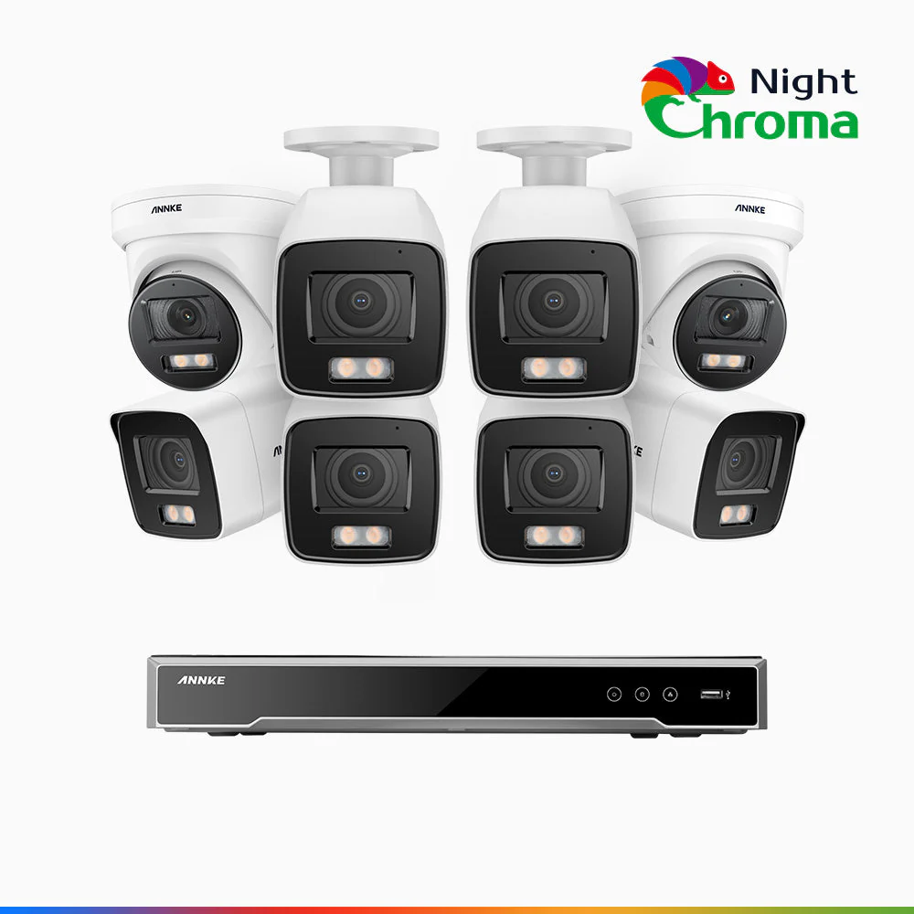 NightChroma<sup>TM</sup> NCK800 - Kit videosorveglianza PoE 8 canali 4K, 6 telecamere bullet e 2 telecamere turret, Telecamera di Sicurezza IP 4K UHD Visione Notturna Full Color con Straordinaria Apertura f/1.0, Compatibile con Alexa (I91BQ)