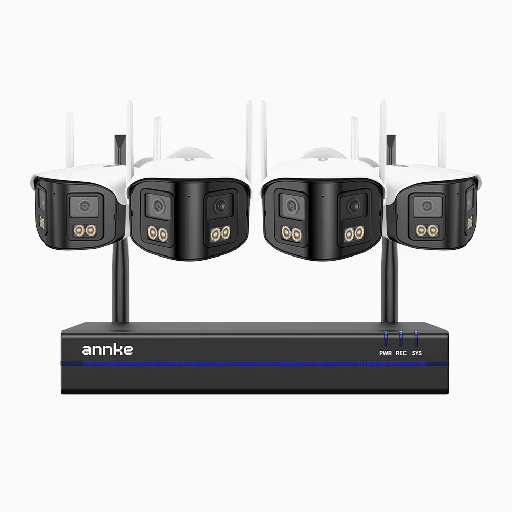WSCD400P - Kit videosorveglianza wireless 8 canali con 4 telecamere Dual-Lens 4MP, angolo 170°, WiFi dual-band 2,4/5 GHz, visione notturna a colori, rilevamento movimento, audio bidirezionale, compatibile con Alexa