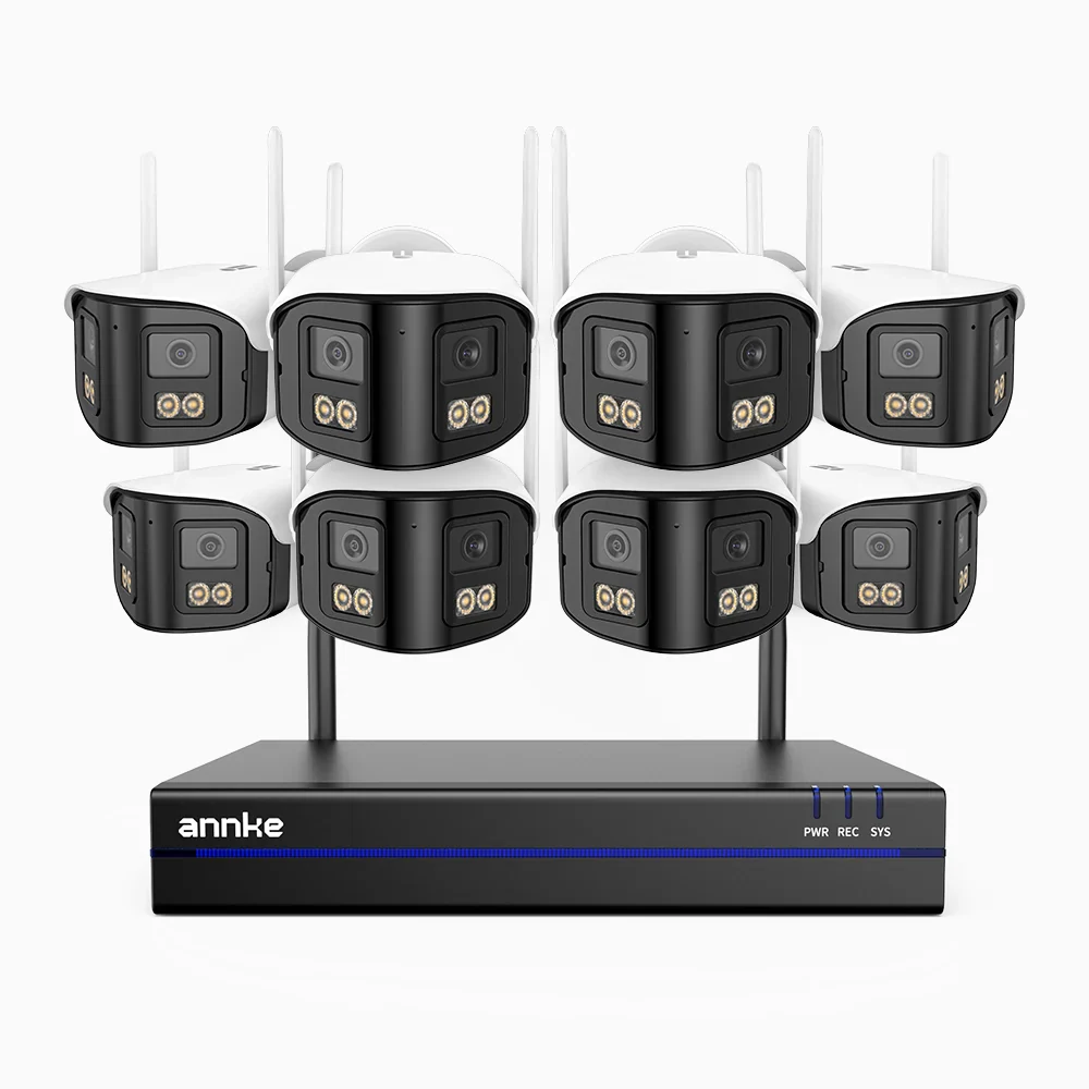 WSCD400P – Kit videosorveglianza wireless 8 canali con 8 telecamere Dual-Lens 4MP, angolo 170°, WiFi dual-band 2,4/5 GHz, visione notturna a colori, rilevamento movimento, audio bidirezionale, compatibile con Alexa